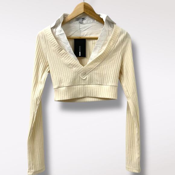 NWT Fashion Nova XS Crop Top Ribbed Sweater‎ Cream Combo Shirt Check Your Facts - Picture 3 of 9